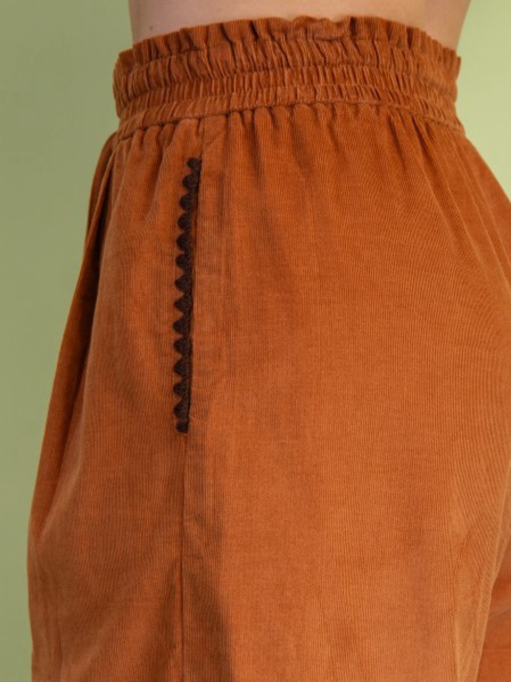Rust Corduroy Wide Leg Pants with Brown Topstitch & Drawstring Waist - Picture 4 of 5